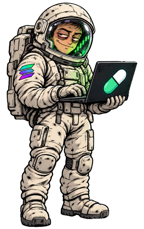 The moon trencher: a dusty astronaut with tired eyes, a chart glowing in his visor, typing on a laptop with a green capsule on the lid